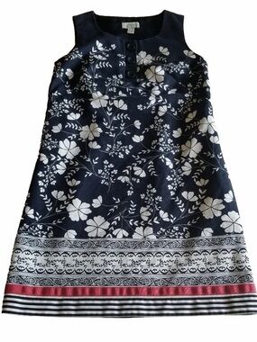 LOFT Navy Floral Sleeveless Midi Dress with Pink Hem Stripe